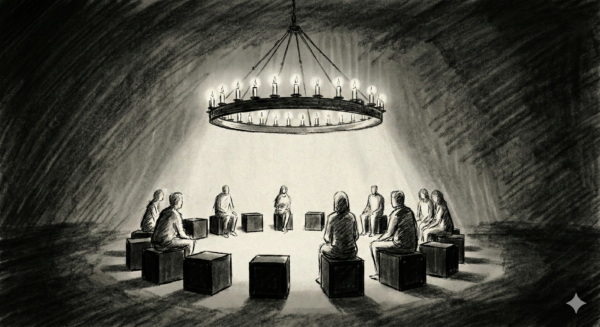 Hockerkreis unter dem Leuchter