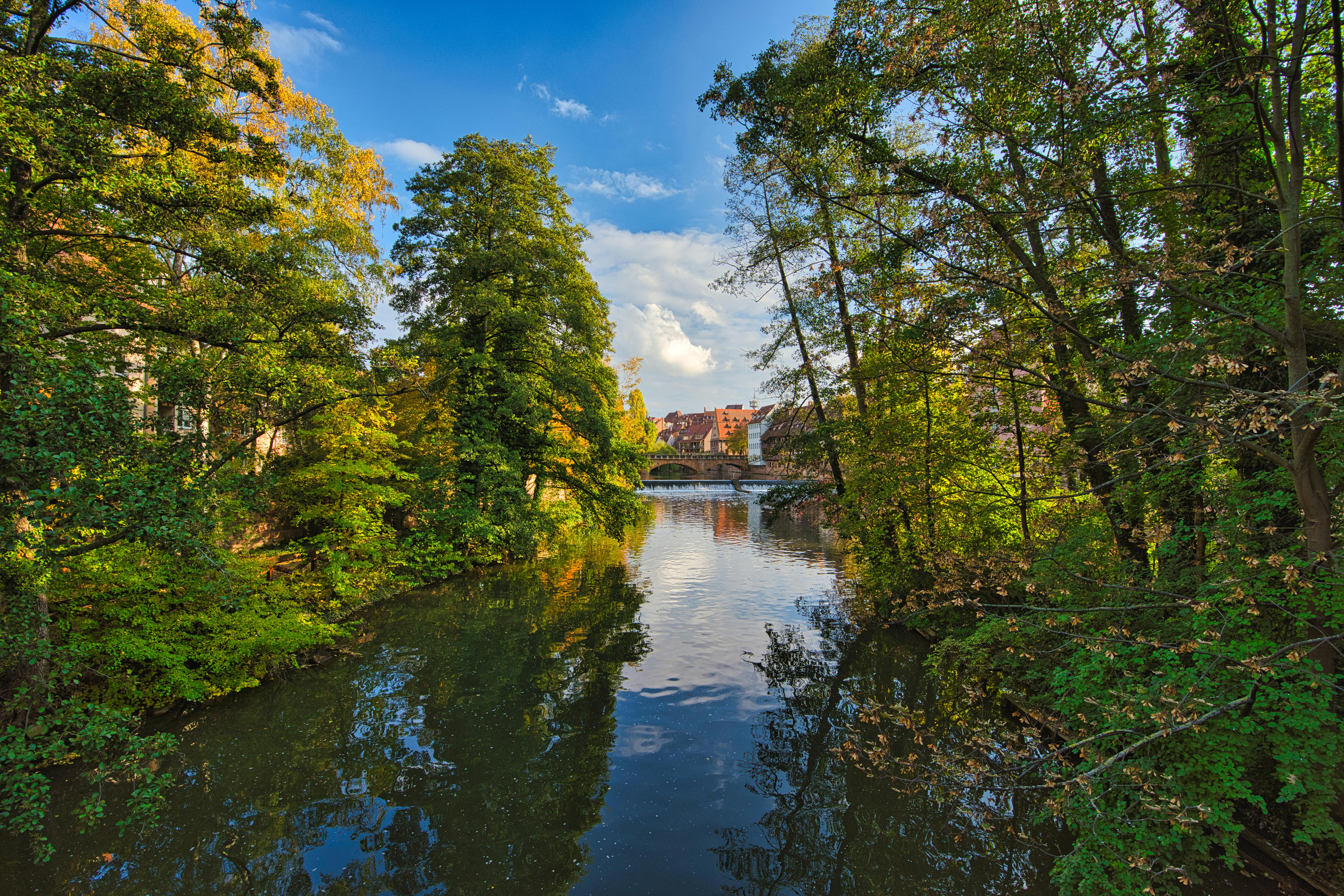 Peaceful river scene in Nuremberg, Germany with lush green trees reflecting in the water.